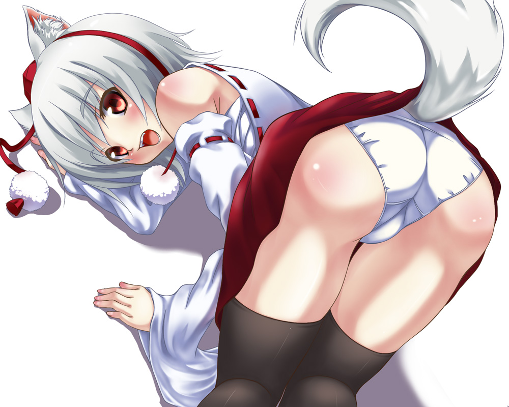 animal_ears ass bare_shoulders bent_over black_legwear detached_sleeves inubashiri_momiji looking_back nekotama_(tsuki) open_clothes panties red_eyes short_hair silver_hair solo tail thigh-highs thighhighs touhou trefoil underwear white_panties wolf_ears wolf_tail