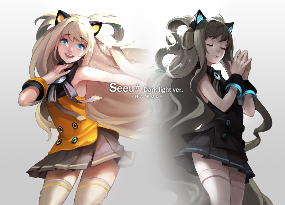 animal_ears bare_shoulders black_hair blonde_hair blue_eyes closed_eyes dual_persona eyes_closed long_hair looking_at_viewer nawol open_mouth seeu skirt smile sparkle tears thigh-highs thighhighs very_long_hair vocaloid zettai_ryouiki