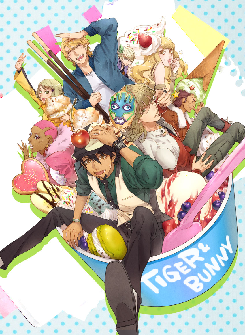 6+boys antonio_lopez barnaby_brooks_jr blueberry cabbie_hat candy cherry cookie food fruit hat huang_baoling ice_cream ice_cream_cone ivan_karelin kaburagi_t_kotetsu karina_lyle keith_goodman lunatic_(tiger_&amp;_bunny) macaron macaroons mask multiple_boys multiple_girls nathan_seymour p-nekor pocky spoon strawberry sweets tiger_&amp;_bunny whipped_cream