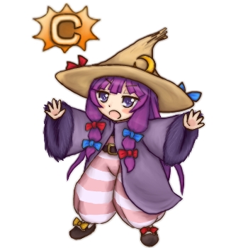 :o adapted_costume belt black_mage black_mage_(fft) blush chibi final_fantasy final_fantasy_tactics hat hozenkakari long_hair lowres patchouli_knowledge purple_eyes purple_hair robe striped striped_pants touhou violet_eyes witch_hat