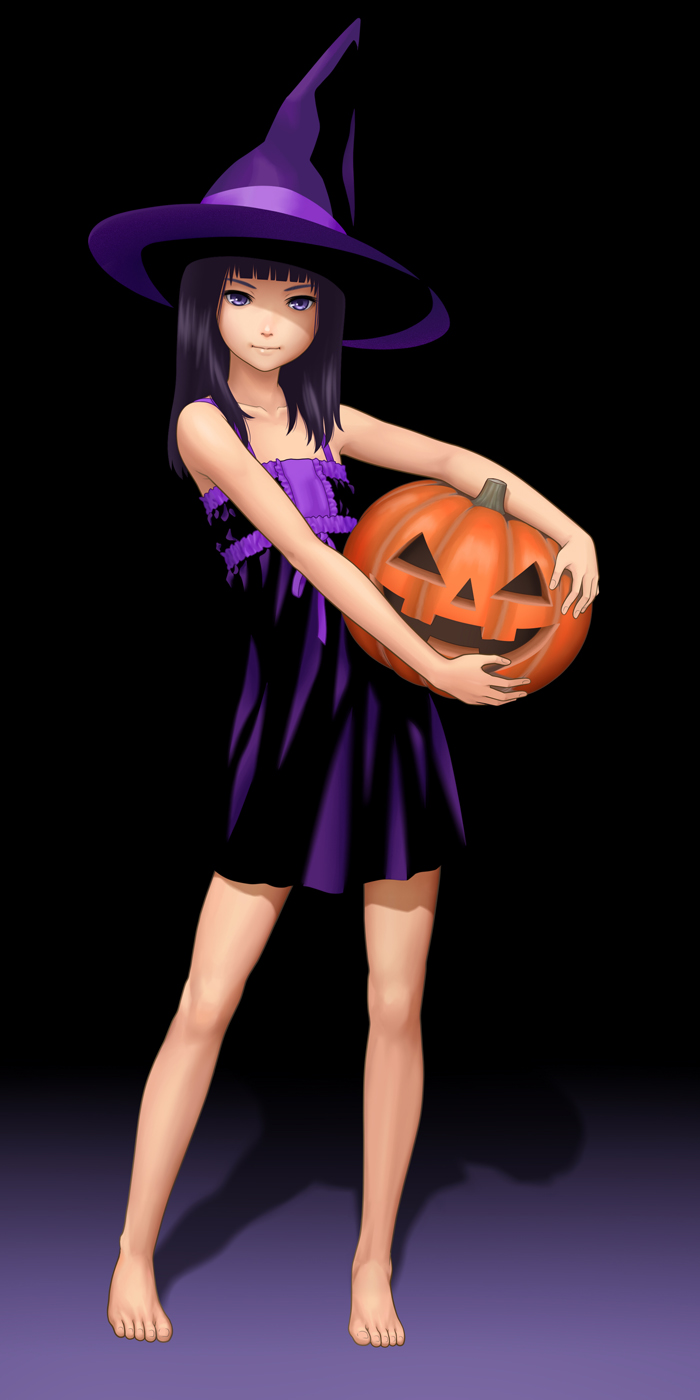 bad_id barefoot black_background black_hair collarbone dress feet flat_chest halloween hands hat highres holding jack-o'-lantern long_hair looking_at_viewer magenta_color original pumpkin purple_eyes shadow solo toes violet_eyes witch_hat