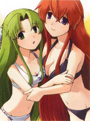 arm_grab cierra female fia green_hair hug long_hair lowres multiple_girls navel red_hair redhead riviera shy smile swimsuit tobe_sunaho very_long_hair yuri