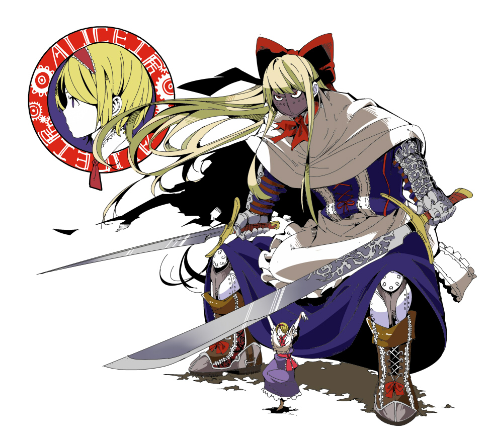 alice_margatroid apron armor arms_up blonde_hair blue_dress blue_eyes boots bow capelet crane_stance dress dual_persona face_mask gauntlets goliath_doll hair_bow hairband huge_weapon long_hair metal_gloves peptide red_eyes sash short_hair size_difference solo standing_on_one_leg sword touhou weapon |_|
