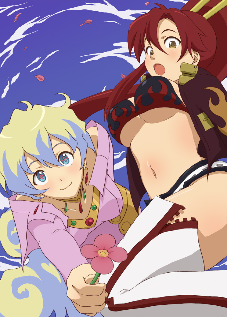 2girls bikini_top blush breasts dress floating flower high_boots isshin jewelry midriff multicolored_hair multiple_girls navel nia_teppelin open_mouth pink_dress ponytail red_hair redhead sky tengen_toppa_gurren_lagann thighhighs underboob yellow_eyes yoko_littner yoko_ritona