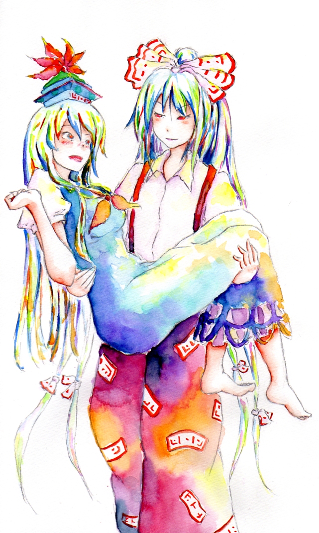 barefoot carrying dress fujiwara_no_mokou hair_ribbon kamishirasawa_keine long_hair multicolored_hair multiple_girls open_mouth princess_carry red_eyes ribbon row_(akatuki) suspenders touhou traditional_media watercolor_(medium) yuri