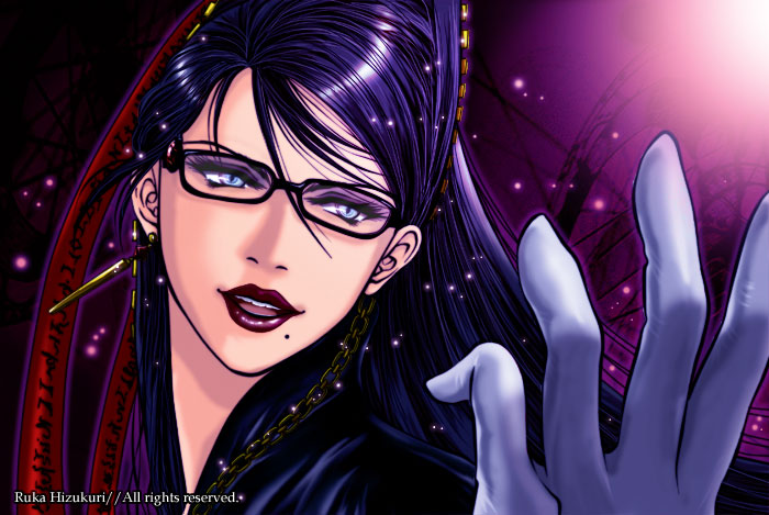 bayonetta bayonetta_(character) beauty_mark black_hair blue_eyes earrings eyeshadow female glasses long_hair mole red_ribbon ribbon ruka_hizukuri solo