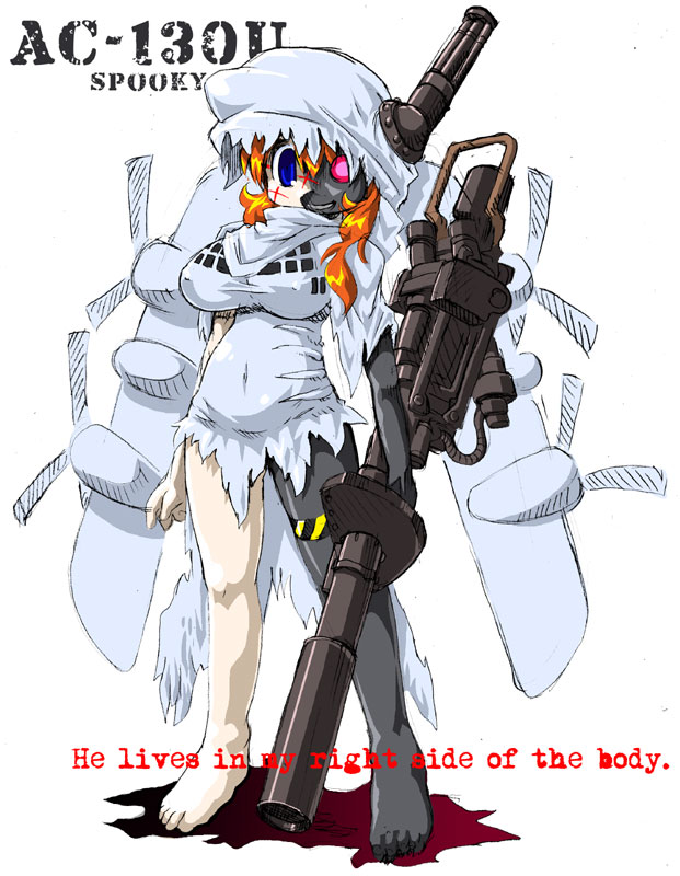 airplane android artist_request barefoot blue_eyes cannon creepy cyborg english erect_nipples gatling_gun glowing glowing_eyes grin gun hat heterochromia hoshino_darts mecha_musume orange_hair personification simple_background smile torn_clothes weapon wings
