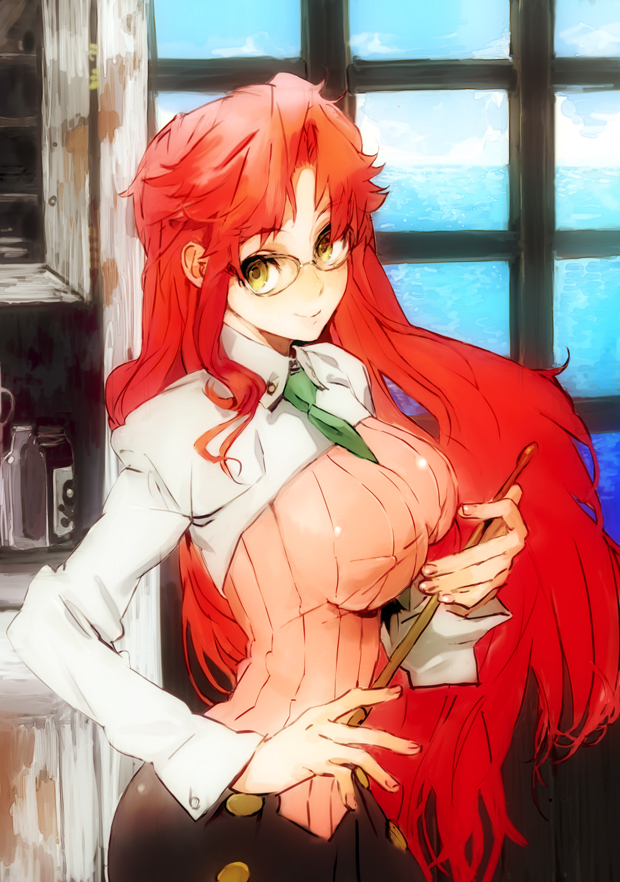 between_breasts bottle breasts buttons crop_top glasses holding impossible_clothes impossible_shirt indoors large_breasts long_hair looking_at_viewer looking_back necktie ocean official_art parted_bangs pointer poison profile red_hair redhead shirt skirt smile solo standing teacher tengen_toppa_gurren_lagann toi8 very_long_hair water window yellow_eyes yoko_littner yoko_ritona yomako