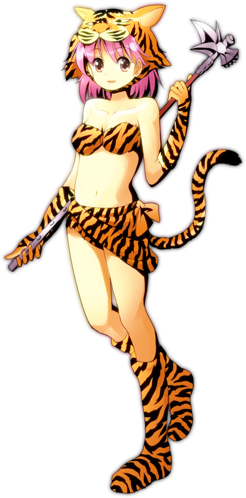 bare_shoulders berserker bikini_top boots female final_fantasy final_fantasy_v gloves hammer hat lenna_charlotte_tycoon pink_eyes pink_hair short_hair solo tail tiger_print tksymkw