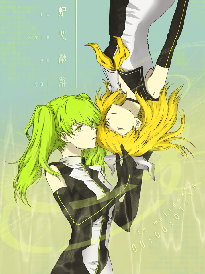 2girls alternate_hairstyle bad_id blonde_hair closed_eyes elbow_gloves gloves green_eyes green_hair hair_ribbon hatsune_miku hatsune_miku_(roshin_yuukai/nitamagomix) kagamine_rin kagamine_rin_(meltdown) long_hair meltdown meltdown_(vocaloid) ribbon roshin_yuukai_(vocaloid) sailor_dress twintails vocaloid