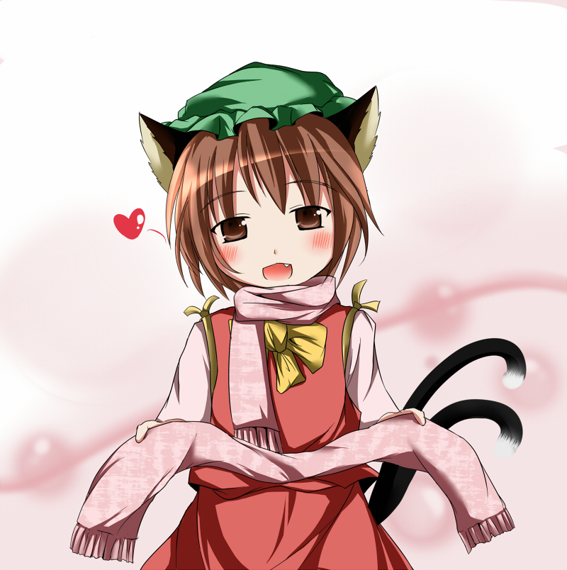 blush brown_eyes brown_hair cat_ears cat_tail chen fang hat heart kazura multiple_tails scarf solo tail touhou