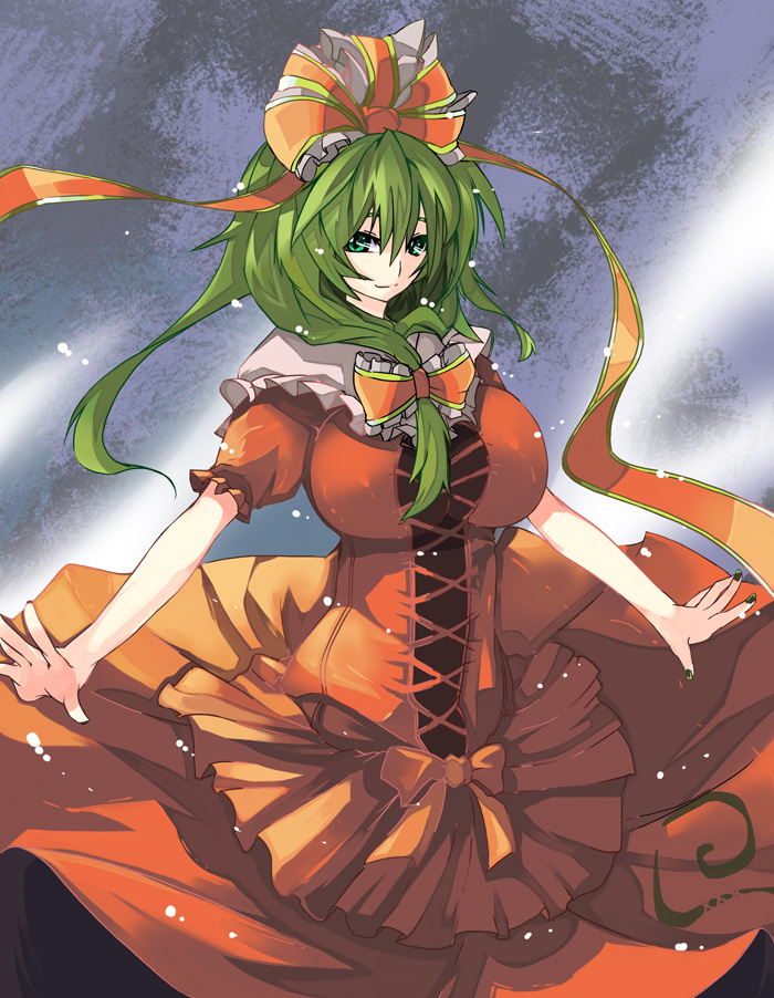 breasts green_eyes green_hair hair_ribbon huge_breasts kagiyama_hina long_hair ribbon toono_yayoi touhou