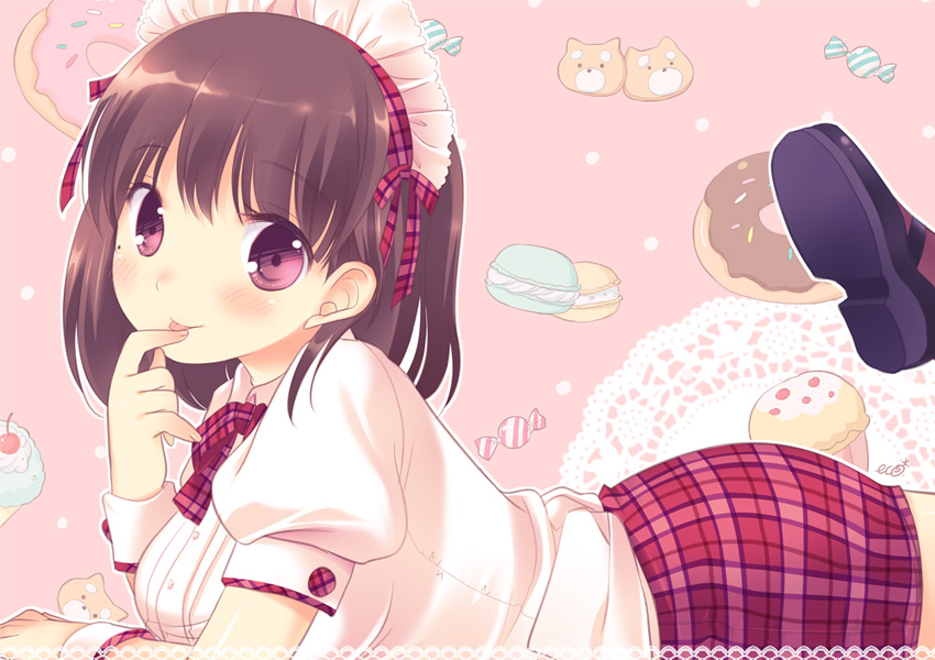 bear brown_hair cookie coriinu cupcake doughnut food headdress licking love_plus plaid purple_eyes shoes short_hair skirt tartan violet_eyes waitress