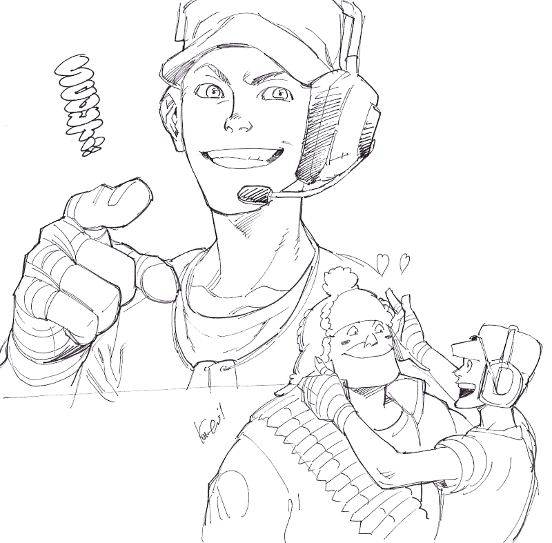 2boys bandolier blush_stickers bust character_name collarbone dog_tags face grin hat headset heart kotteri male monochrome multiple_boys open_mouth signature sketch smile team_fortress_2 the_heavy the_scout white_background