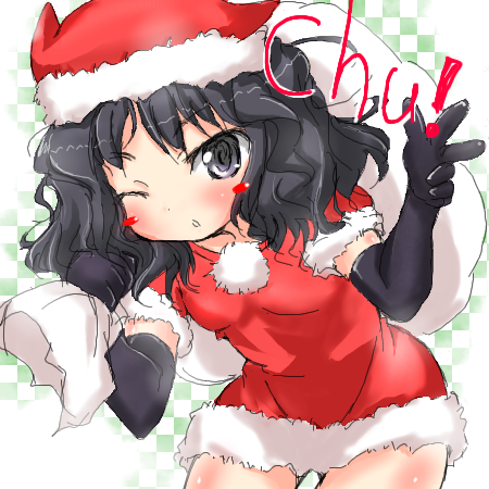 1girl amagami checkered elbow_gloves gloves hat kojima_tsuma lowres sack santa_costume solo tanamachi_kaoru wink