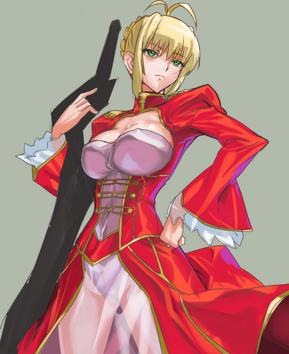 ahoge blonde_hair braid breasts cleavage epaulettes fate/extra fate/stay_night fate_(series) green_eyes grey_background hair_bun hand_on_hip large_breasts long_sleeves makacoon saber saber_extra see-through simple_background solo sword weapon