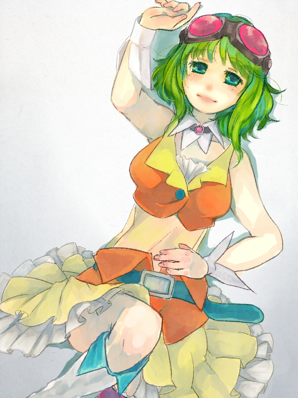 goggles_on_head green_eyes green_hair gumi lying midriff on_back short_hair simple_background skirt smile solo vocaloid wrist_cuffs