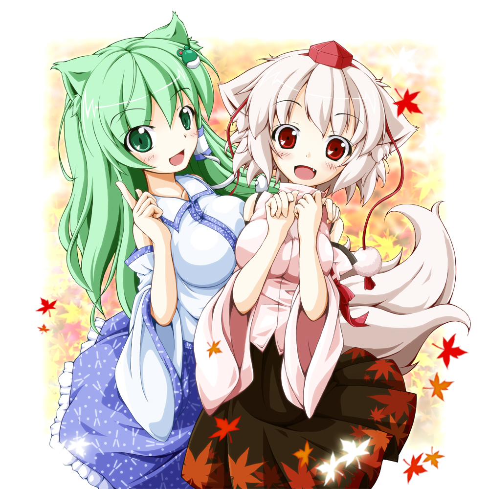 2girls animal_ears big_breasts breasts cat_ears detached_sleeves dog_ears dog_tail frog green_eyes green_hair hair_ornament hat inubashiri_momiji japanese_clothes kemonomimi_mode kochiya_sanae large_breasts long_hair red_eyes short_hair silver_hair snake tail tokin_hat touhou wolf_ears wolf_tail