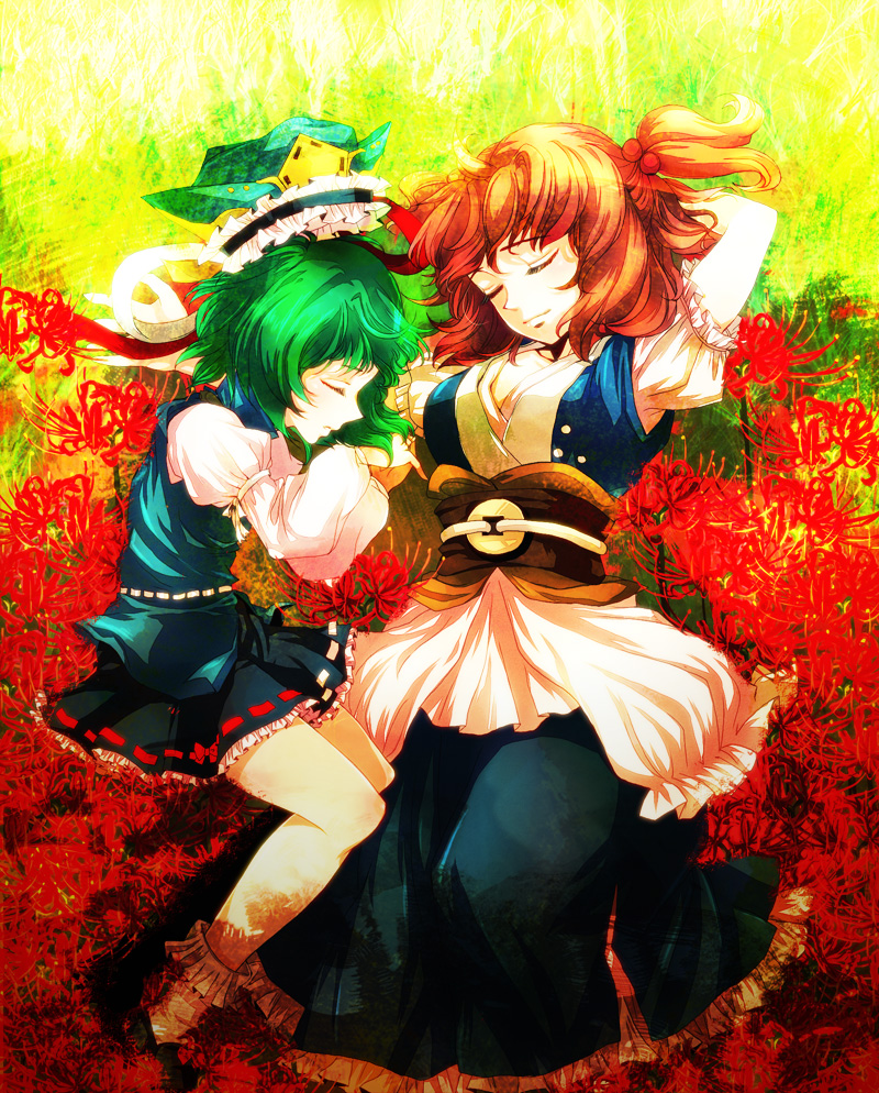 2girls awa_toka closed_eyes flower green_hair hair_bobbles hair_ornament hat higanbana lying multiple_girls onozuka_komachi red_hair shikieiki_yamaxanadu short_hair spider_lily touhou twintails