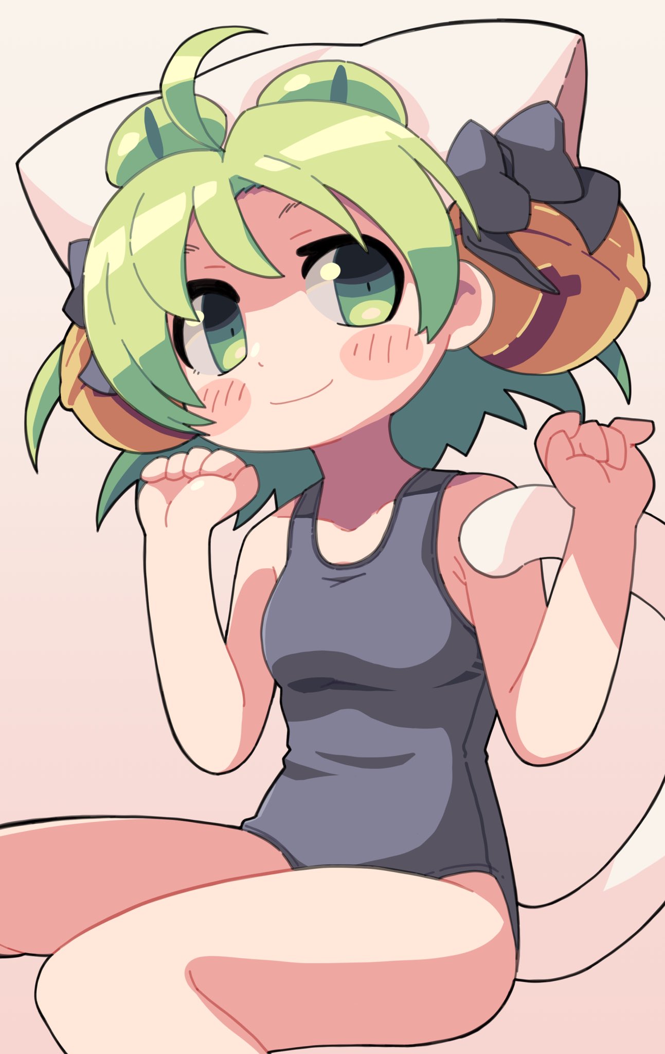 1girl ahoge alternate_costume animal_hat bangs bell black_swimsuit blush breasts cat_hat cat_tail closed_mouth commentary dejiko di_gi_charat feet_out_of_frame gradient gradient_background green_eyes green_hair hair_bell hair_ornament hat highres jingle_bell looking_at_viewer medium_breasts one-piece_swimsuit paw_pose pink_background short_hair smile solo swimsuit tail ugif