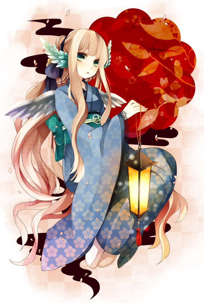 bangs bow brown_hair checkered floral_print green_eyes hair_bow ichinose_(sorario) japanese_clothes kimono lace lantern long_hair long_sleeves looking_at_viewer new_year obi original payot petals ponytail sitting solo tabi very_long_hair wide_sleeves wing_ears wings