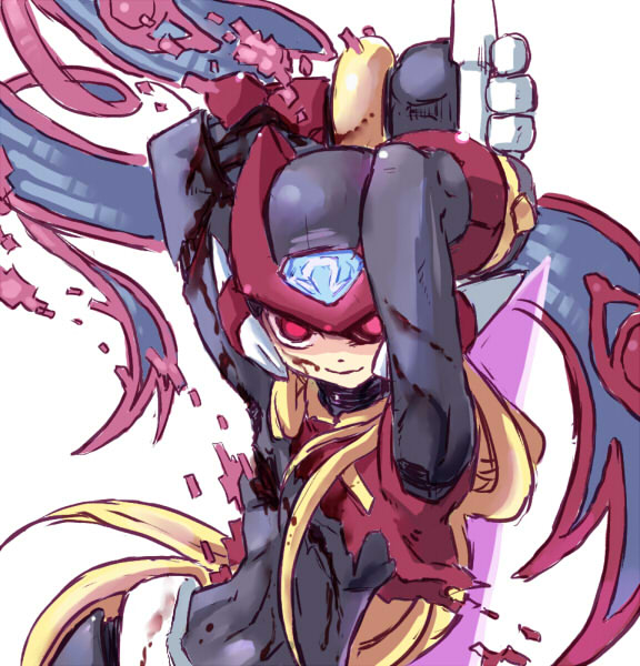 armor blonde_hair blood bodysuit energy_blade helmet injury nasu_(roda_de_estrela) omega_(rockman) omega_symbol red_eyes robot_joints rockman rockman_zero torn_clothes