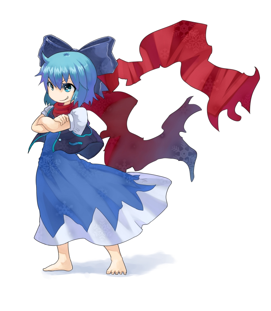 arms_crossed bare_feet barefoot blue_eyes blue_hair bow cirno crossed_arms dress grin hair_bow hashiro hayo no_shoes perfect_cherry_blossom scarf short_hair smile solo standing touhou