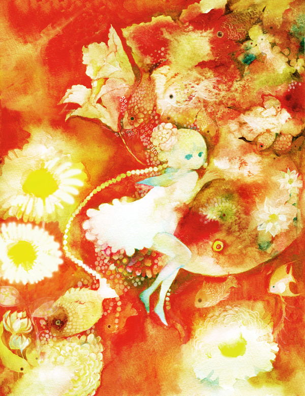 1girl abstract dress fish flower nihi_(sorakarasu) sunflower traditional_media watercolor