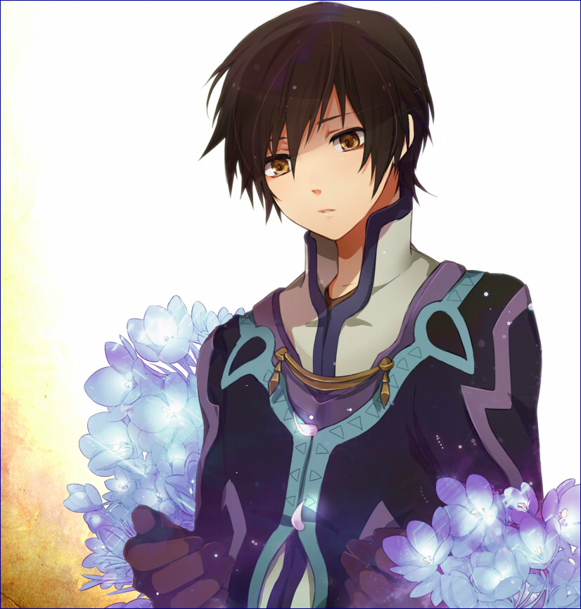 bangs black_gloves black_hair border bust flower gloves jacket jude_mathis long_sleeves looking_down male petals rouki_isago shirt short_hair solo tales_of_(series) tales_of_xillia yellow_eyes