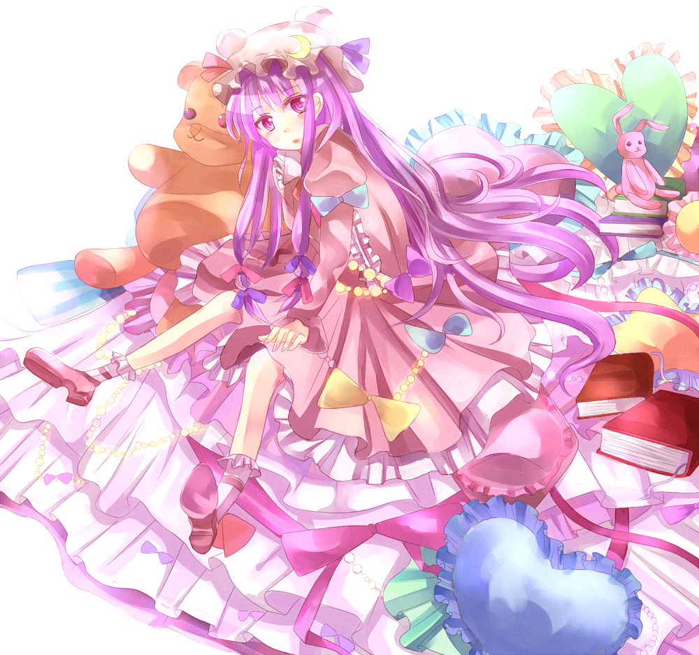 aliprojectlove bed bow crescent frills hair_ribbon hat long_hair patchouli_knowledge pillow purple_eyes purple_hair ribbon sitting solo stuffed_animal stuffed_toy teddy_bear touhou violet_eyes