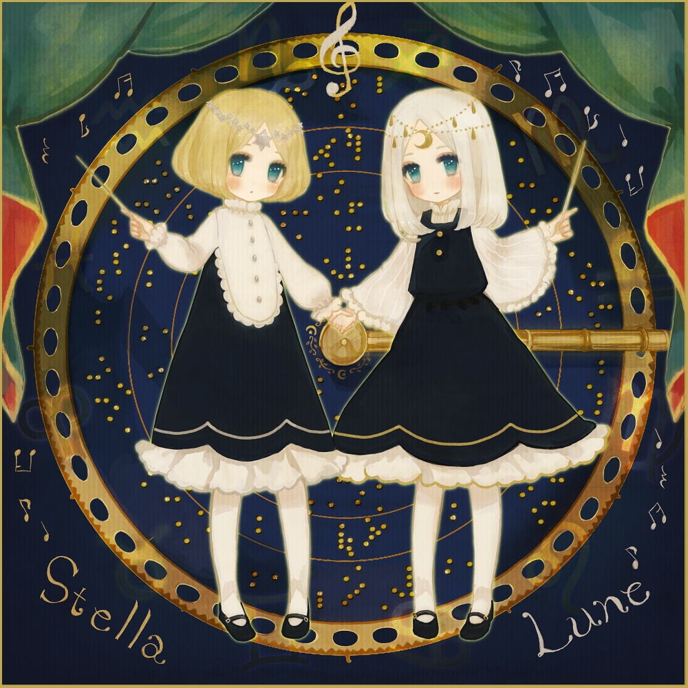 baton_(instrument) black_dress blonde_hair blue_eyes character_name circlet crescent_moon curtains dress english frills hand_holding holding holding_hands long_hair long_sleeves looking_at_viewer mary_janes moon multiple_girls musical_note original pantyhose puffy_sleeves shoes short_dress short_hair silver_hair standing sun text white_legwear wide_sleeves yujup