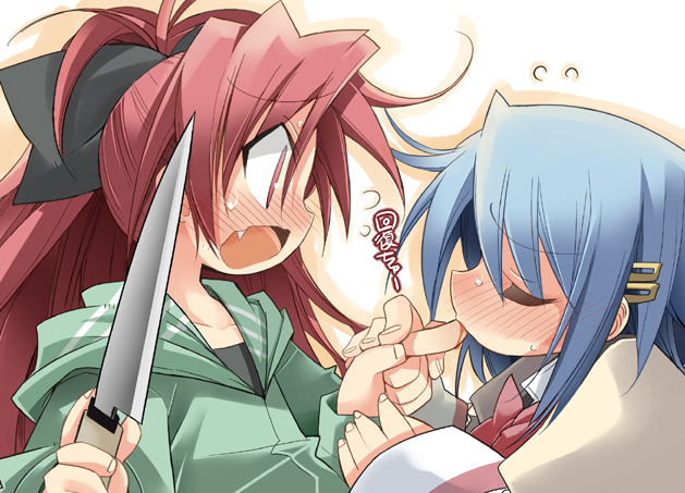 bleeding blood blue_hair blush bow casual closed_eyes collarbone eyes_closed fang fingernails hair_bow hair_ornament hairclip injury jacket knife long_hair long_sleeves mahou_shoujo_madoka_magica miki_sayaka multiple_girls open_mouth ponytail red_eyes red_hair redhead sakura_kyouko school_uniform short_hair sleeves_past_wrists yamato_danuki