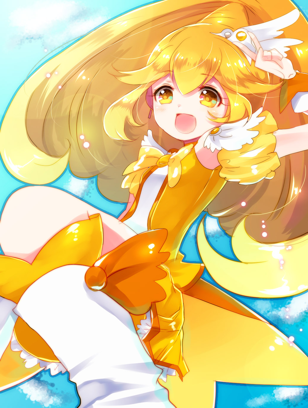 :d aqua_background bad_id blonde_hair boots bow cure_peace dress earrings happy highres jewelry kise_yayoi long_hair magical_girl open_mouth precure puffy_sleeves ribbon smile smile_precure! solo unabara_misumi v yellow yellow_eyes
