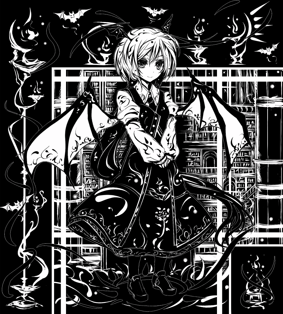 &gt;:) acryl alternate_hairstyle arm_garter bat bat_wings bookshelf dress dress_shirt embellished_costume head_wings koakuma library long_hair long_sleeves monochrome ponytail shirt shoes smile solo the_embodiment_of_scarlet_devil touhou v_arms very_long_hair voile wings