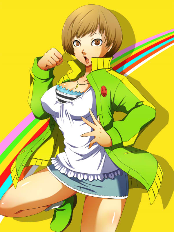 bare_legs breasts brown_eyes brown_hair casual chemise chunka clenched_fist clenched_hand erect_nipples fighting_stance jewelry large_breasts miniskirt necklace open_mouth persona persona_4 satonaka_chie short_hair skirt solo tank_top track_jacket