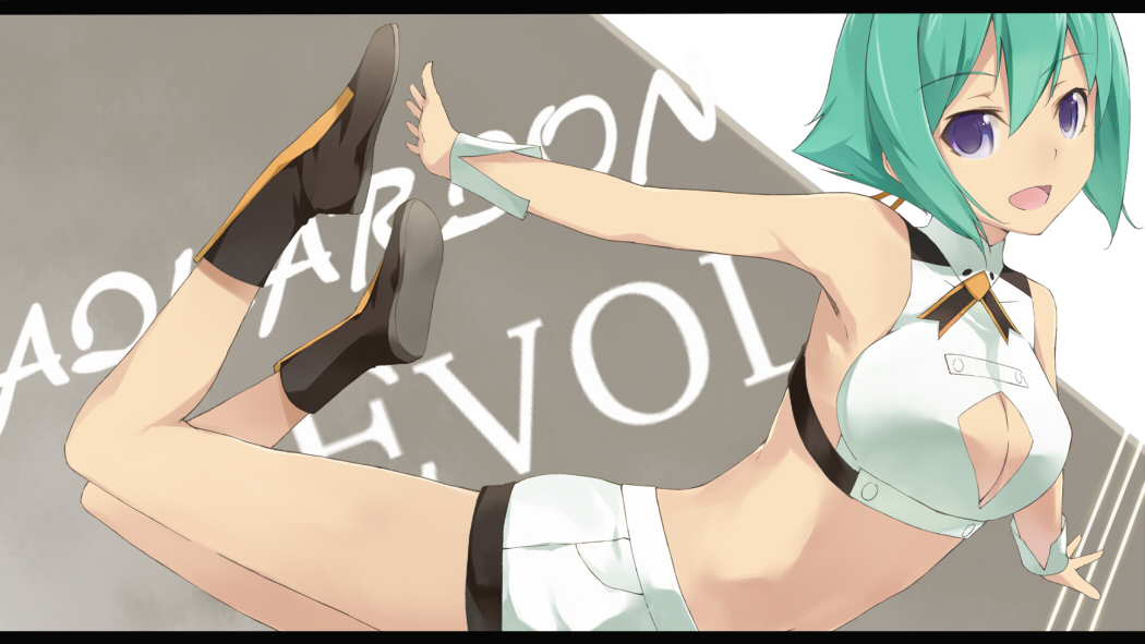 aquarion_(series) aquarion_evol bad_id boots breasts cccpo cleavage green_hair legs letterboxed midriff purple_eyes resized short_hair short_shorts shorts title_drop violet_eyes zessica_wong