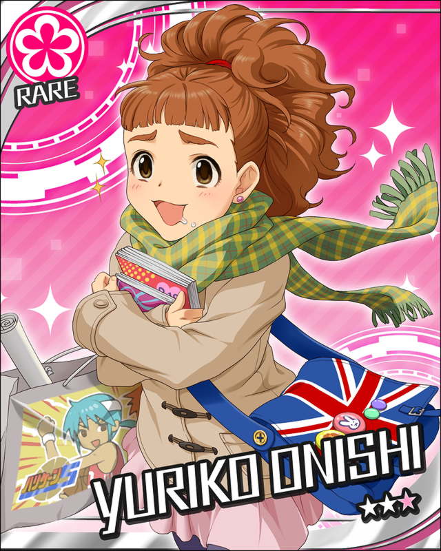 brown_hair character_name drooling eyebrows flower idolmaster idolmaster_cinderella_girls jpeg_artifacts official_art oonishi_yuriko pantyhose plaid plaid_scarf scarf star thick_eyebrows union_jack winter_clothes