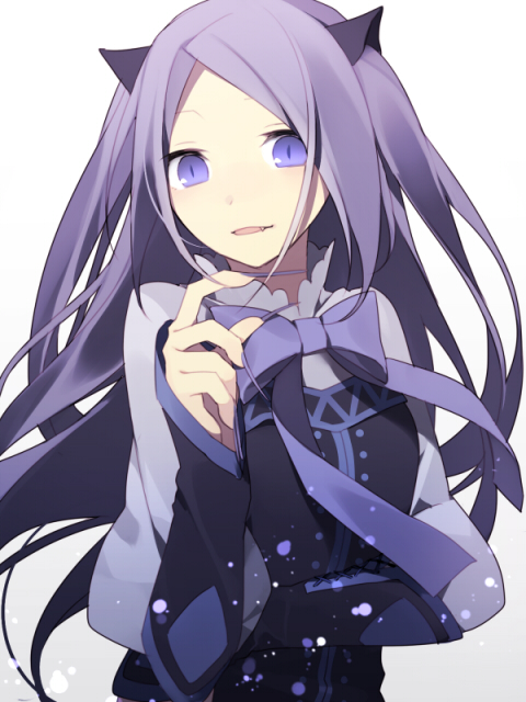 animal_ears bad_id bow bust cat_ears fang fingernails gradient gradient_background hijiri_(resetter) light_particles long_fingernails long_hair long_sleeves looking_at_viewer nail_polish original purple_eyes purple_hair shirt slit_pupils solo violet_eyes