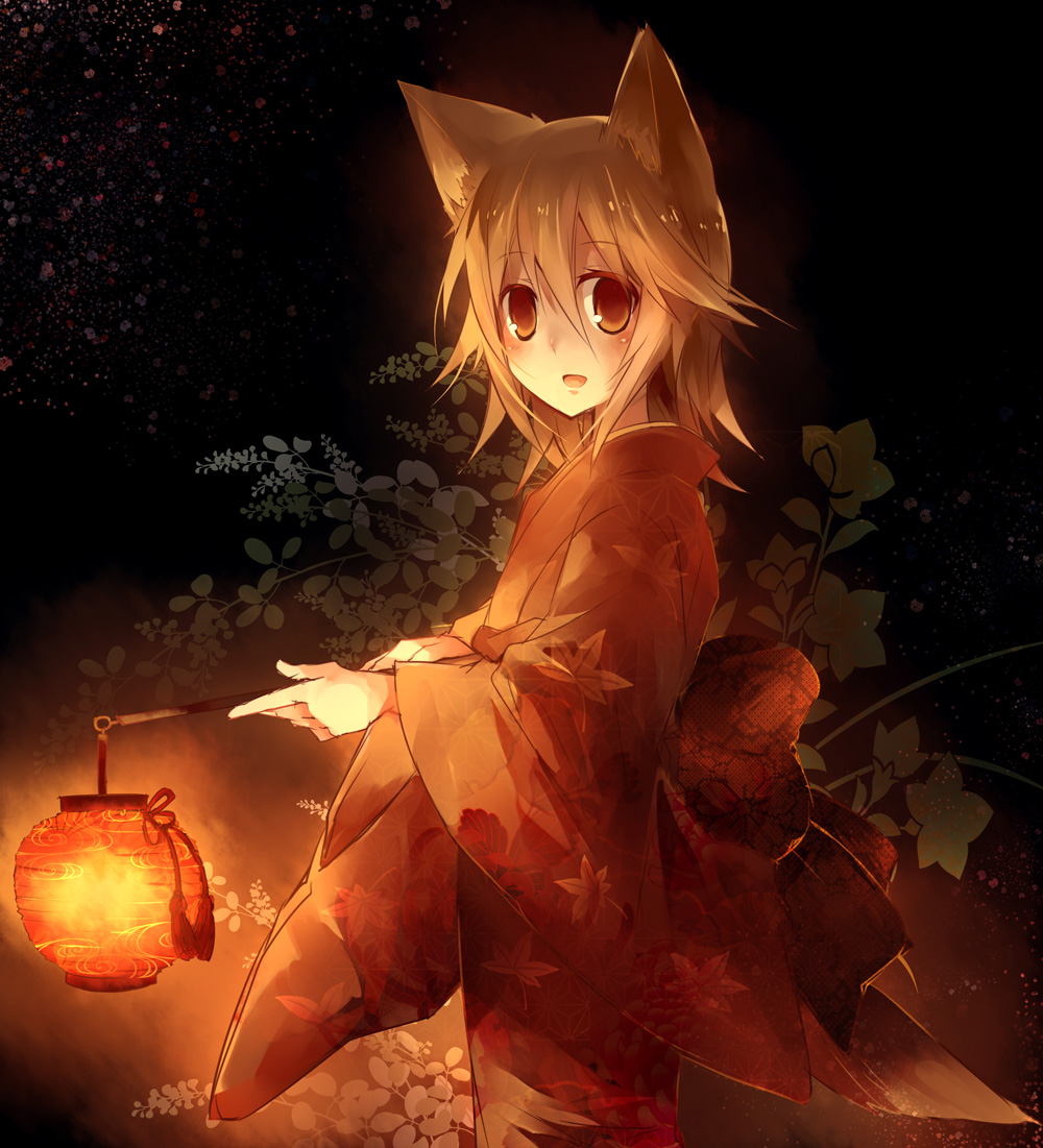 animal_ears bangs black_background blonde_hair colored_eyelashes holding japanese_clothes kimono lantern leaf long_sleeves looking_at_viewer night obi open_mouth orange_eyes original paper_lantern short_hair smile solo suzushiro_kurumi wide_sleeves