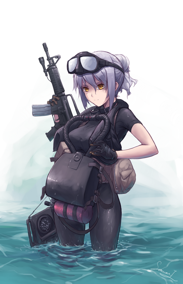 assault_rifle backpack bag bodysuit breasts compass gloves goggles goggles_on_head gun large_breasts long_hair m4_carbine nightmaremk2 operator original partially_submerged ponytail purple_hair randoseru rebreather rifle scuba skin_tight solo taut_shirt wading water weapon wet yellow_eyes zipper