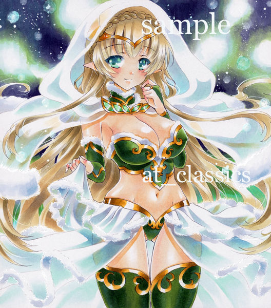 at_classics bikini_top blonde_hair blue_eyes blush breasts bridal_gauntlets cleavage copyright_request detached_sleeves elf hood long_hair marker_(medium) midriff pointy_ears sample see-through skirt thigh-highs thigh_gap thighhighs thighs traditional_media