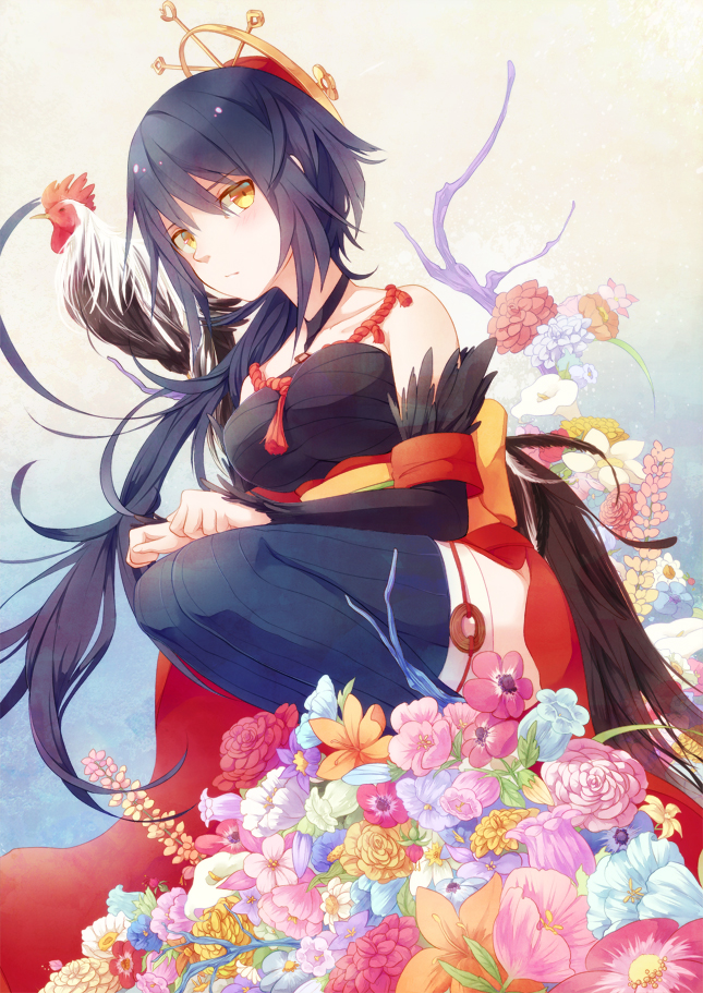 aji_nashi_(dress) bare_shoulders bird black_hair black_legwear branch breasts chicken choker clenched_hands detached_sleeves feathers fist flower hair_ornament jewelry long_hair long_skirt looking_away obi original pendant personification ribbon_choker rooster sarashi side_slit skirt solo squatting tail tassel thigh-highs thighhighs vertical-striped_legwear vertical_stripes yellow_eyes