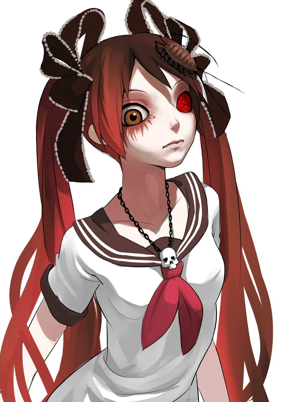 bad_id black_hair bow brown_eyes calne_ca crustacean fkey gradient_hair hair_bow hair_ribbon hatsune_miku heterochromia highres insect isopod jewelry lips long_hair looking_at_viewer multicolored_hair necklace red_eyes red_hair redhead ribbon saikin_osen_-_bacterial_contamination_-_(vocaloid) sailor_collar school_uniform serafuku skull solo twintails vocaloid white_background zengxianxin