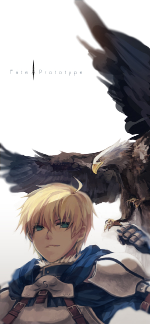 arm_up armor bird blonde_hair breastplate buckle clenched_hand eagle fate/prototype fate_(series) fist gauntlets green_eyes hood light_smile logo male parted_lips pauldron pauldrons saber_(fate/prototype) short_hair simple_background sinsora solo title_drop white_background