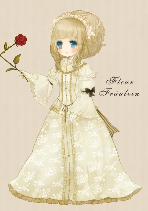 bad_id bangs blonde_hair blush bow dress elisabeth_von_wettin feathers female flower french frills german gloves hair_feathers hair_ornament headdress lace_gloves long_hair marchen ponytail red_rose rose solo sound_horizon standing striped text translated white_dress white_gloves yujup