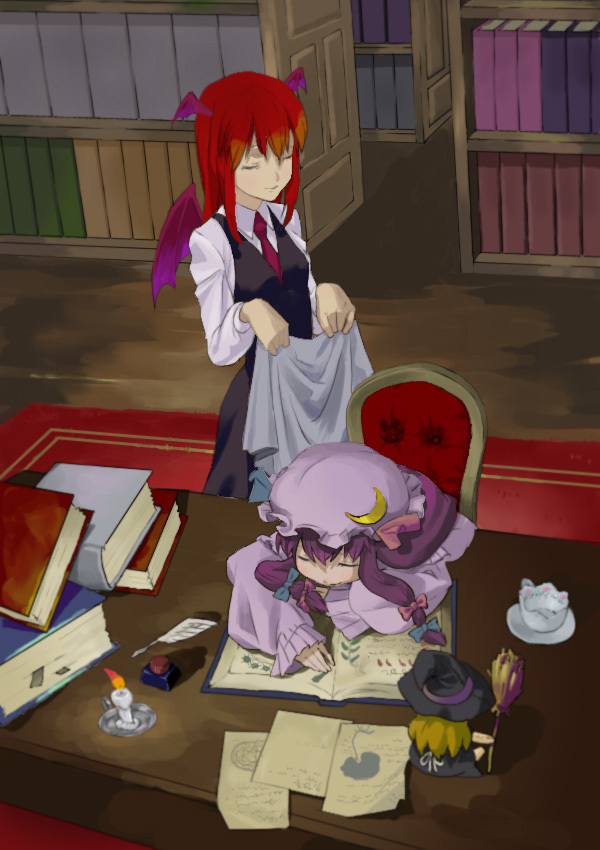 blanket book bookshelf broom candle character_doll closed_eyes crescent cup eyes_closed hat head_wings inkwell kirisame_marisa koakuma library long_hair multiple_girls open_book paper patchouli_knowledge purple_hair quill red_hair redhead room sitting sleeping table teacup the_embodiment_of_scarlet_devil touhou vanilla_(nekomist) voile wings witch witch_hat