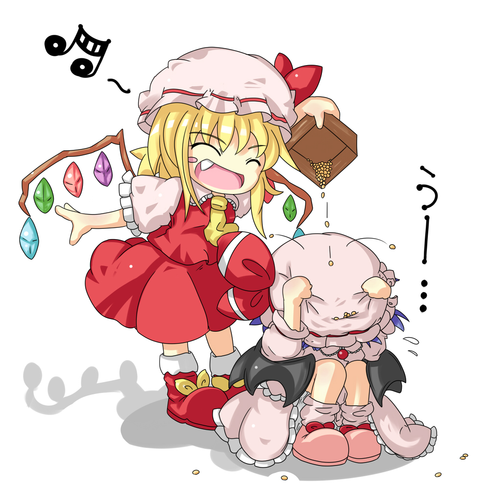 ascot bat_wings blonde_hair blue_hair blush_stickers bow box brooch chibi closed_eyes cowering dress eyes_closed fang flandre_scarlet hand_on_hat hat jewelry kneehighs long_sleeves mamemaki multiple_girls musical_note open_mouth pouring remilia_scarlet setsubun shadow shoes short_sleeves siblings side_ponytail simple_background sisters smile sugi222 touhou white_background wings