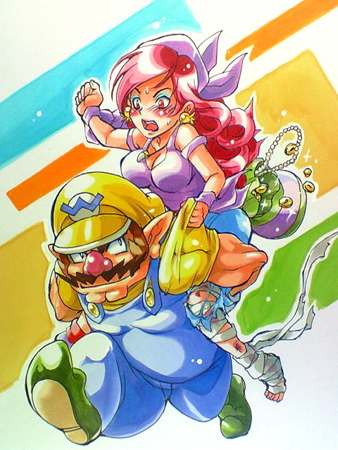 1girl anei bandage bandages bandana bandanna blush breasts captain_syrup cleavage coin earrings eyeliner facial_hair hat injury jewelry loot makeup marker_(medium) muscle mustache necklace nintendo nose overalls piggyback red_hair red_nose redhead tank_top torn_clothes torn_pants traditional_media tsundere wario wario_land