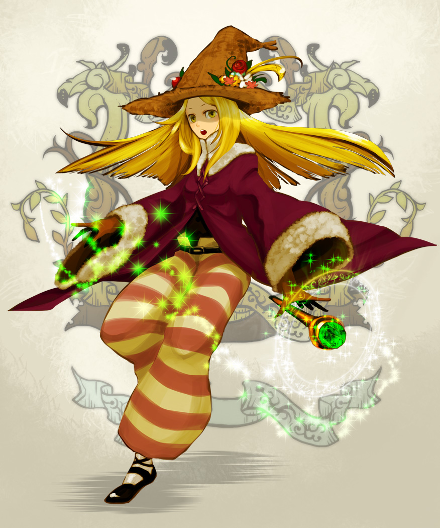 black_mage_(fft) blonde_hair final_fantasy final_fantasy_tactics hat kuwae long_hair robe staff striped striped_pants witch_hat yellow_eyes