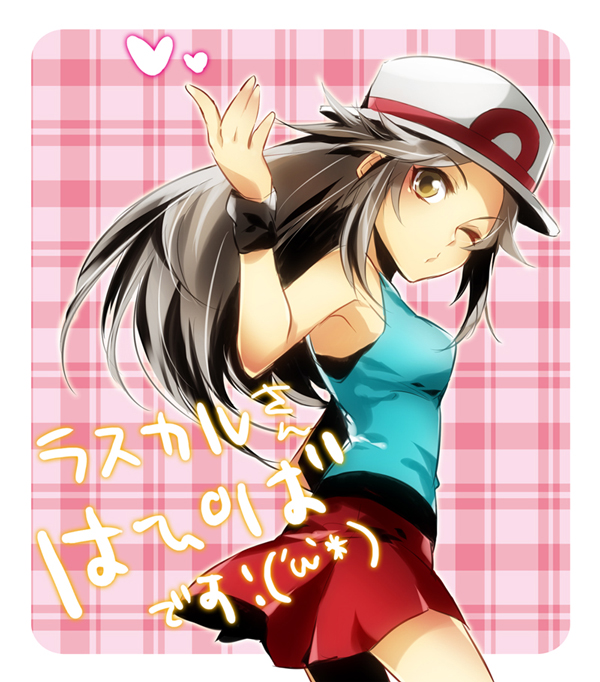 arm_up armpits bangs bare_shoulders blue_(pokemon) breasts brown_eyes brown_hair cowboy_shot happy_birthday hat hatsuga_genmai heart heart_background leaf_(pokemon) long_hair miniskirt payot pink_background plaid plaid_background pokemon pokemon_(game) pokemon_frlg pokemon_rgby pokemon_special porkpie_hat raised_arm skirt sleeveless sleeveless_shirt solo text thighs translated wind wink wristband yellow_eyes yomo_(ym)